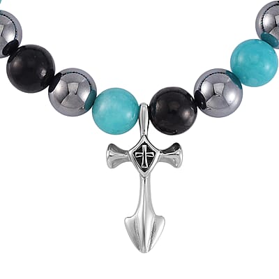 Terahertz, Amazonite and Shungite Beaded Stretch Bracelet with Cross Charm in Stainless Steel 137.00 ctw