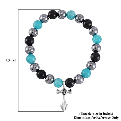 Terahertz, Amazonite and Shungite Beaded Stretch Bracelet with Cross Charm in Stainless Steel 137.00 ctw