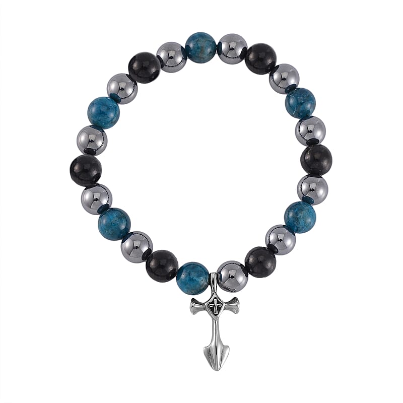 Terahertz, Blue Apatite and Shungite Beaded Stretch Bracelet with Cross Charm in Stainless Steel 137.00 ctw