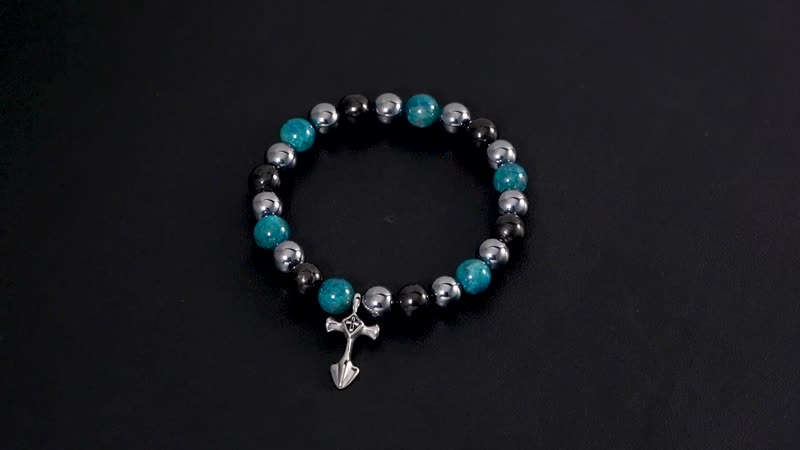 Terahertz, Blue Apatite and Shungite Beaded Stretch Bracelet with Cross Charm in Stainless Steel 137.00 ctw