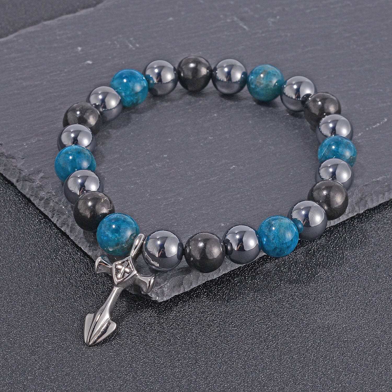 Terahertz, Blue Apatite and Shungite Beaded Stretch Bracelet with Cross Charm in Stainless Steel 137.00 ctw