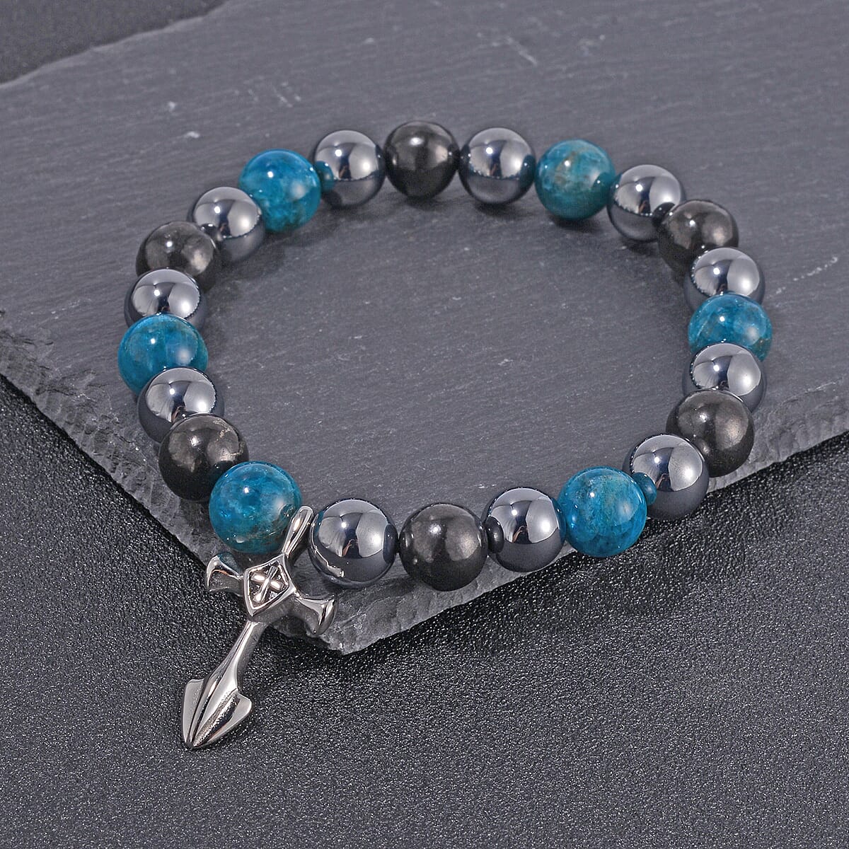 Terahertz, Blue Apatite and Shungite Beaded Stretch Bracelet with Cross Charm in Stainless Steel 137.00 ctw image number 1