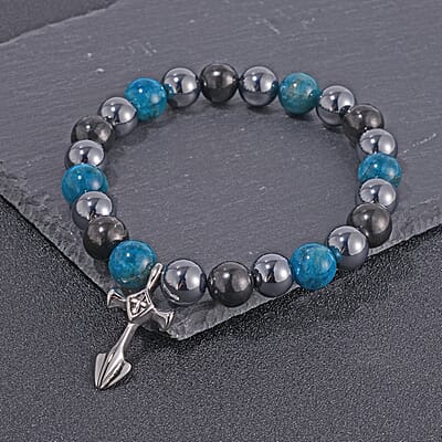 Terahertz, Blue Apatite and Shungite Beaded Stretch Bracelet with Cross Charm in Stainless Steel 137.00 ctw