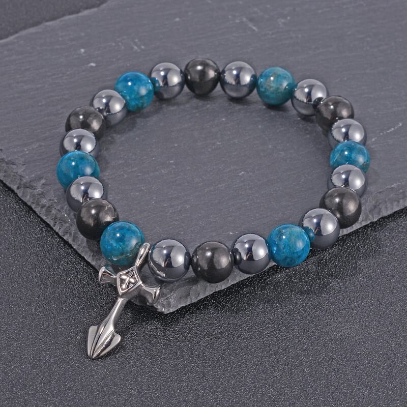 Terahertz, Blue Apatite and Shungite Beaded Stretch Bracelet with Cross Charm in Stainless Steel 137.00 ctw