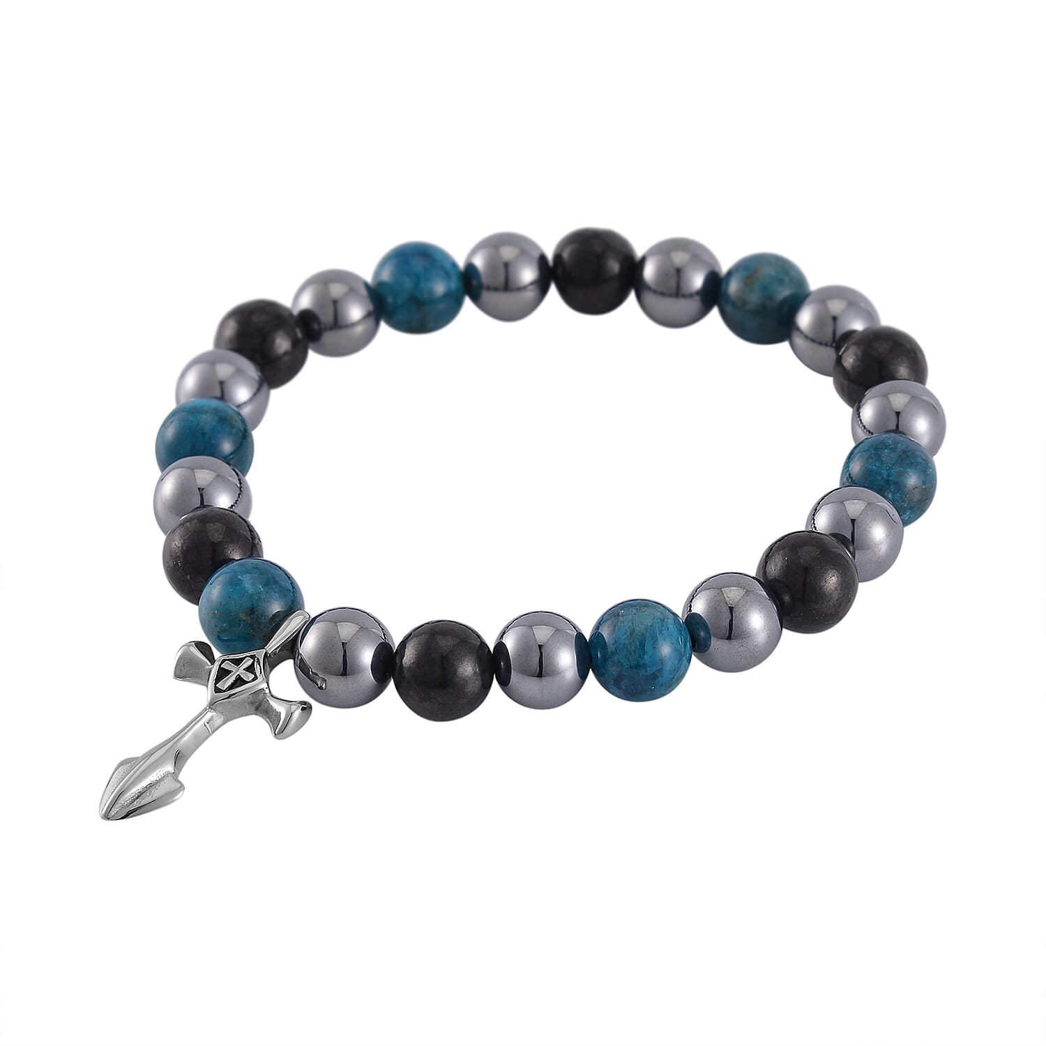 Terahertz, Blue Apatite and Shungite Beaded Stretch Bracelet with Cross Charm in Stainless Steel 137.00 ctw