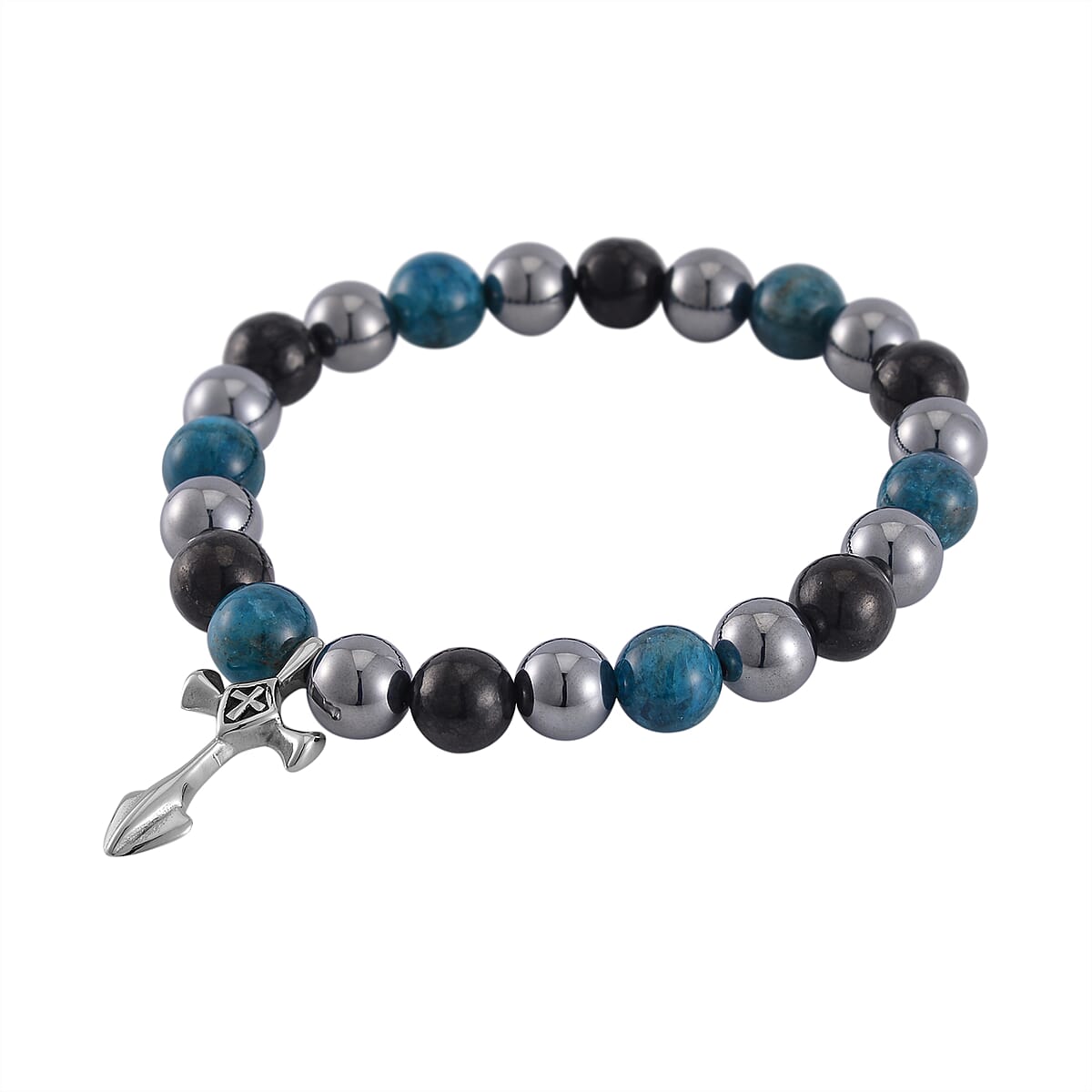 Terahertz, Blue Apatite and Shungite Beaded Stretch Bracelet with Cross Charm in Stainless Steel 137.00 ctw image number 2