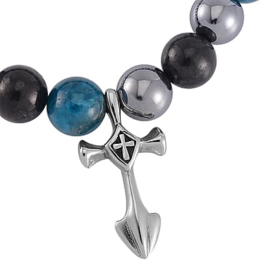 Terahertz, Blue Apatite and Shungite Beaded Stretch Bracelet with Cross Charm in Stainless Steel 137.00 ctw
