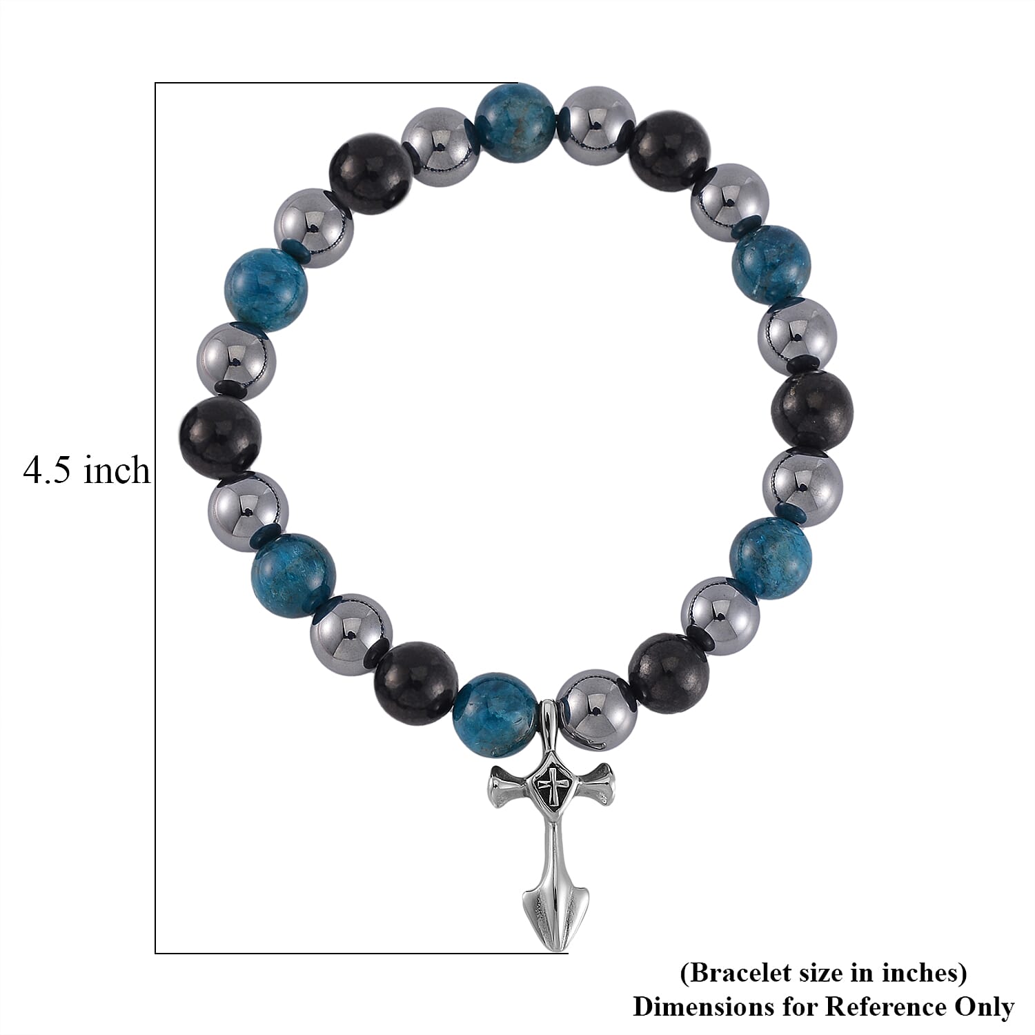 Terahertz, Blue Apatite and Shungite Beaded Stretch Bracelet with Cross Charm in Stainless Steel 137.00 ctw