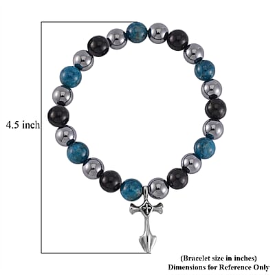 Terahertz, Blue Apatite and Shungite Beaded Stretch Bracelet with Cross Charm in Stainless Steel 137.00 ctw