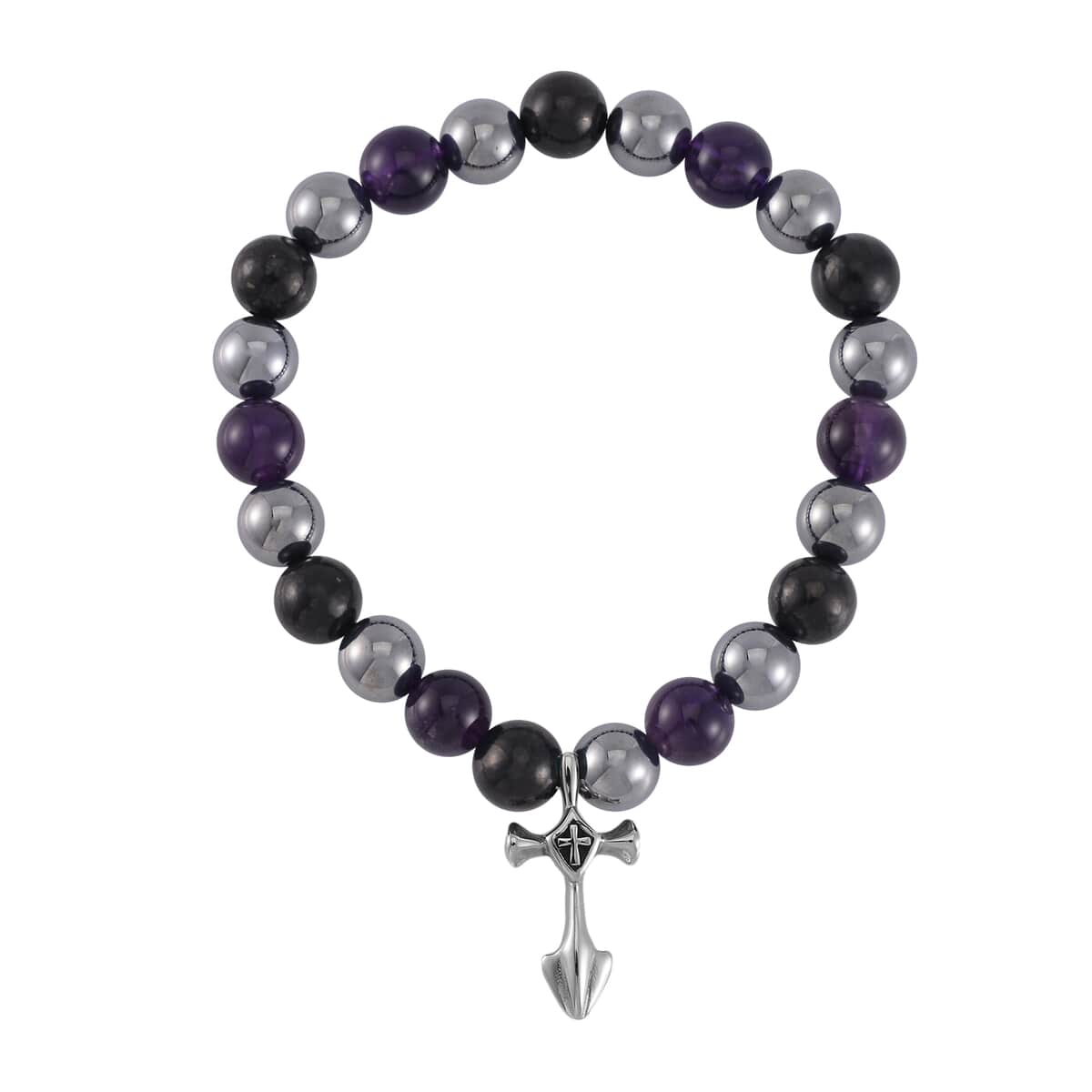 Terahertz, Amethyst and Shungite Beaded Stretch Bracelet with Cross Charm in Stainless Steel 137.00 ctw image number 0