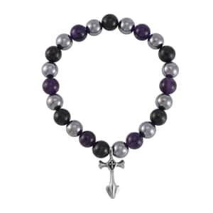 Terahertz, Amethyst and Shungite Beaded Stretch Bracelet with Cross Charm in Stainless Steel 137.00 ctw