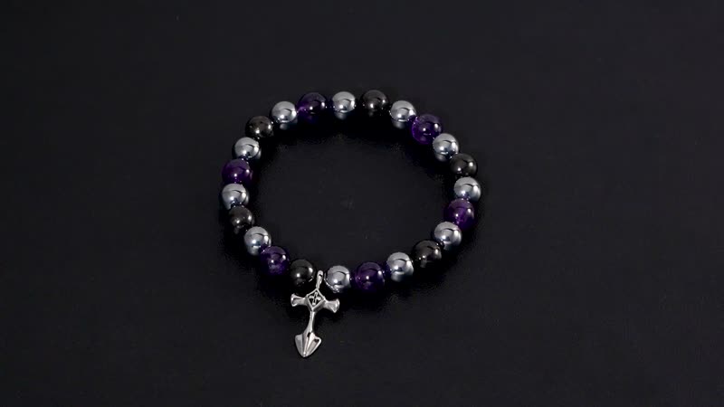 Terahertz, Amethyst and Shungite Beaded Stretch Bracelet with Cross Charm in Stainless Steel 137.00 ctw