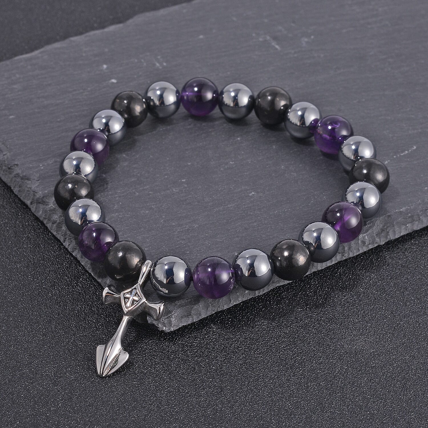 Terahertz, Amethyst and Shungite Beaded Stretch Bracelet with Cross Charm in Stainless Steel 137.00 ctw