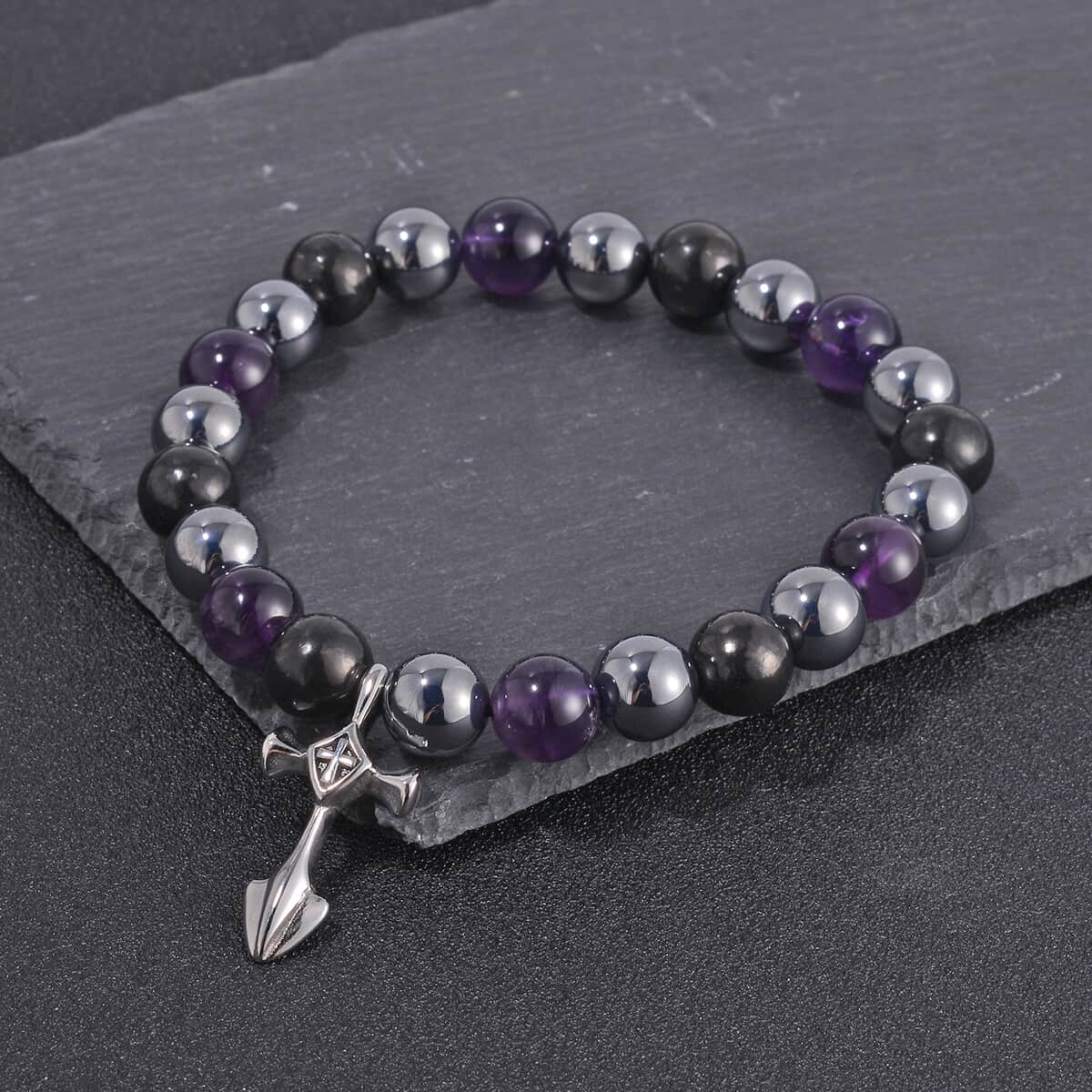 Terahertz, Amethyst and Shungite Beaded Stretch Bracelet with Cross Charm in Stainless Steel 137.00 ctw image number 1