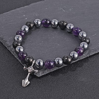 Terahertz, Amethyst and Shungite Beaded Stretch Bracelet with Cross Charm in Stainless Steel 137.00 ctw