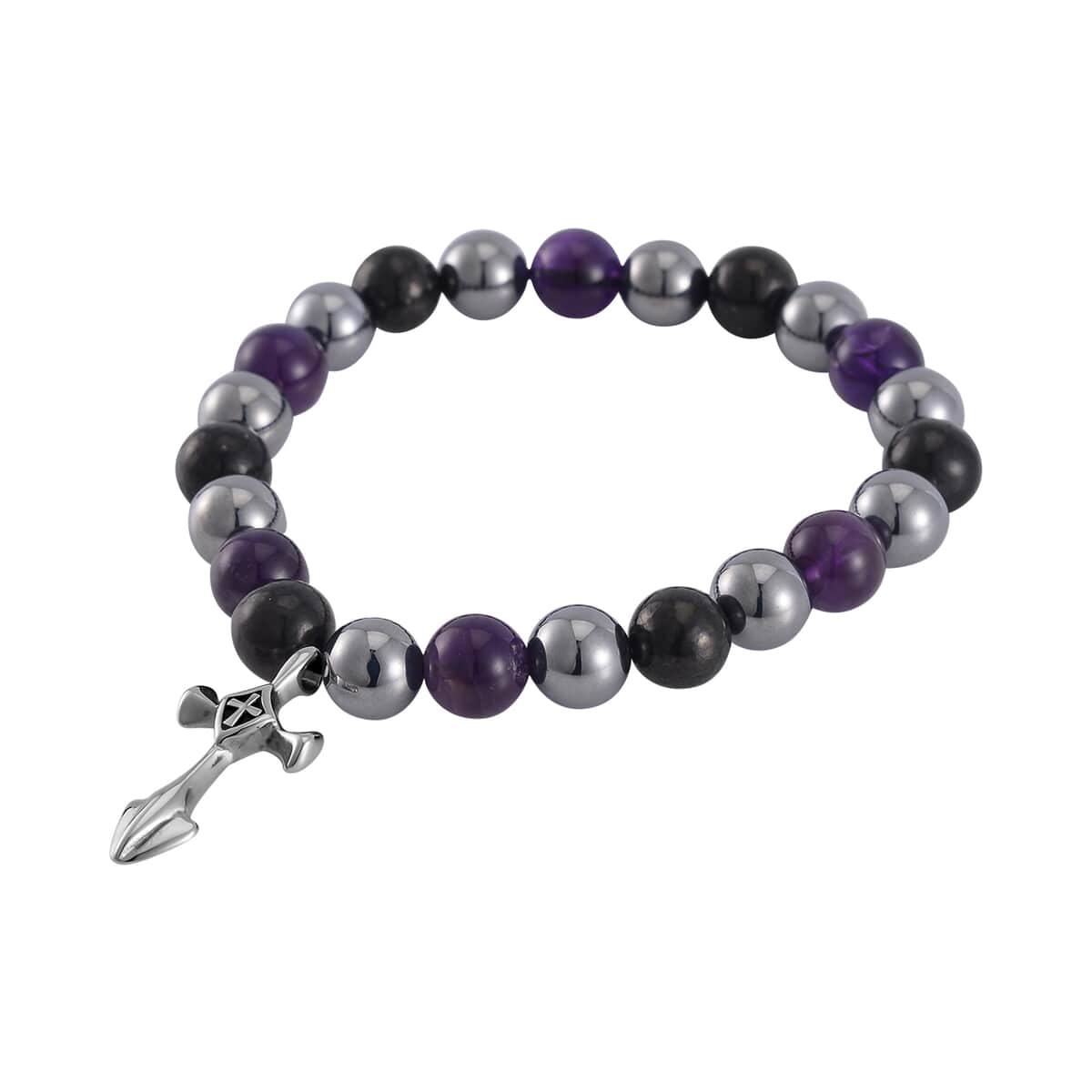Terahertz, Amethyst and Shungite Beaded Stretch Bracelet with Cross Charm in Stainless Steel 137.00 ctw image number 2