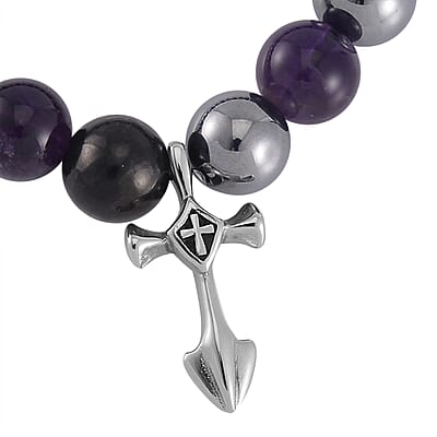 Terahertz, Amethyst and Shungite Beaded Stretch Bracelet with Cross Charm in Stainless Steel 137.00 ctw
