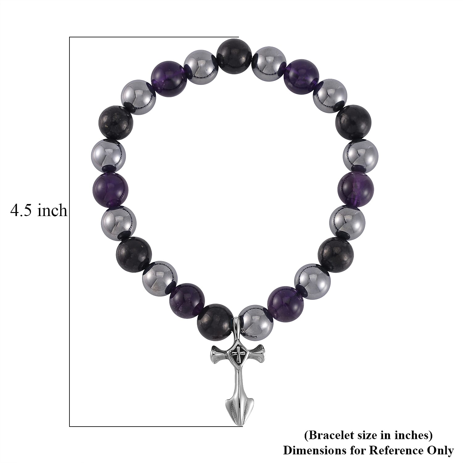 Terahertz, Amethyst and Shungite Beaded Stretch Bracelet with Cross Charm in Stainless Steel 137.00 ctw