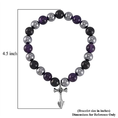 Terahertz, Amethyst and Shungite Beaded Stretch Bracelet with Cross Charm in Stainless Steel 137.00 ctw