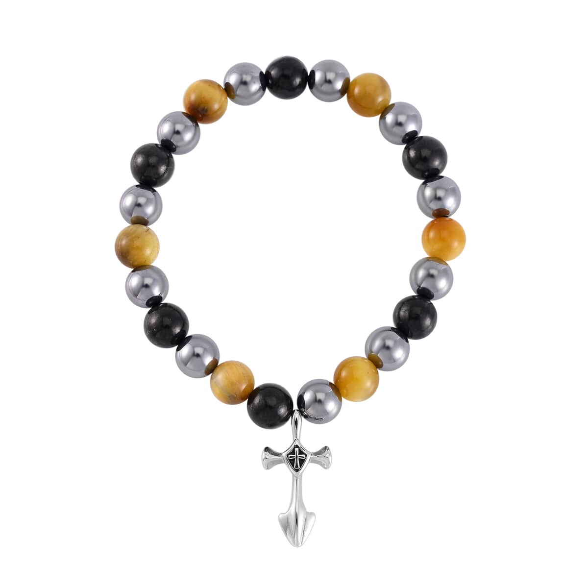 Terahertz, Tigers Eye and Shungite Beaded Stretch Bracelet with Cross Charm in Stainless Steel 137.00 ctw image number 0