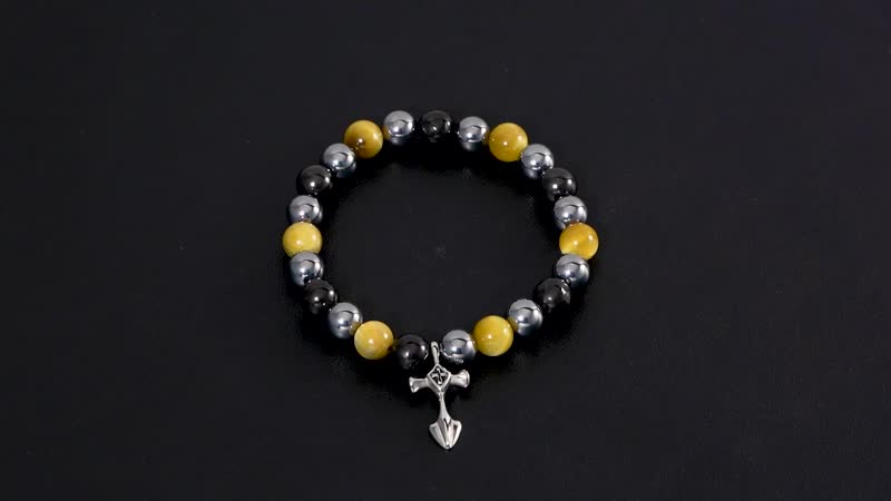 Terahertz, Tigers Eye and Shungite Beaded Stretch Bracelet with Cross Charm in Stainless Steel 137.00 ctw