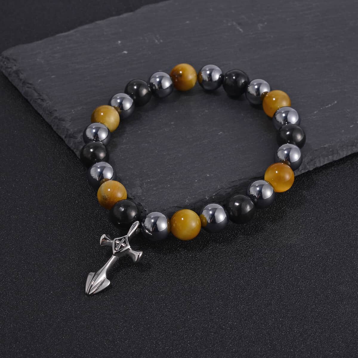 Terahertz, Tigers Eye and Shungite Beaded Stretch Bracelet with Cross Charm in Stainless Steel 137.00 ctw image number 1