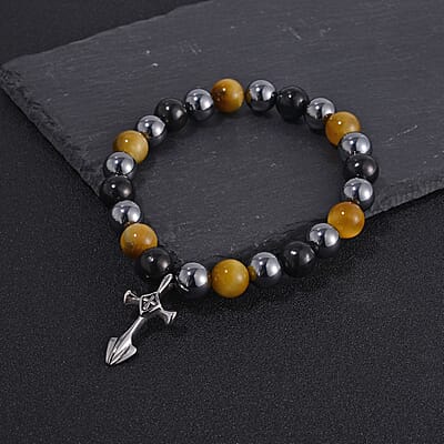 Terahertz, Tigers Eye and Shungite Beaded Stretch Bracelet with Cross Charm in Stainless Steel 137.00 ctw