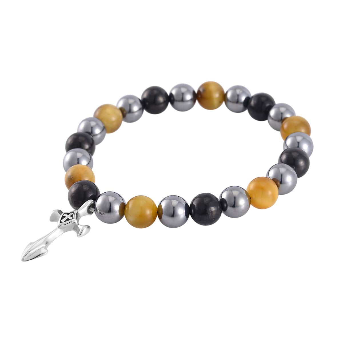 Terahertz, Tigers Eye and Shungite Beaded Stretch Bracelet with Cross Charm in Stainless Steel 137.00 ctw image number 2