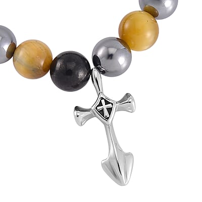 Terahertz, Tigers Eye and Shungite Beaded Stretch Bracelet with Cross Charm in Stainless Steel 137.00 ctw