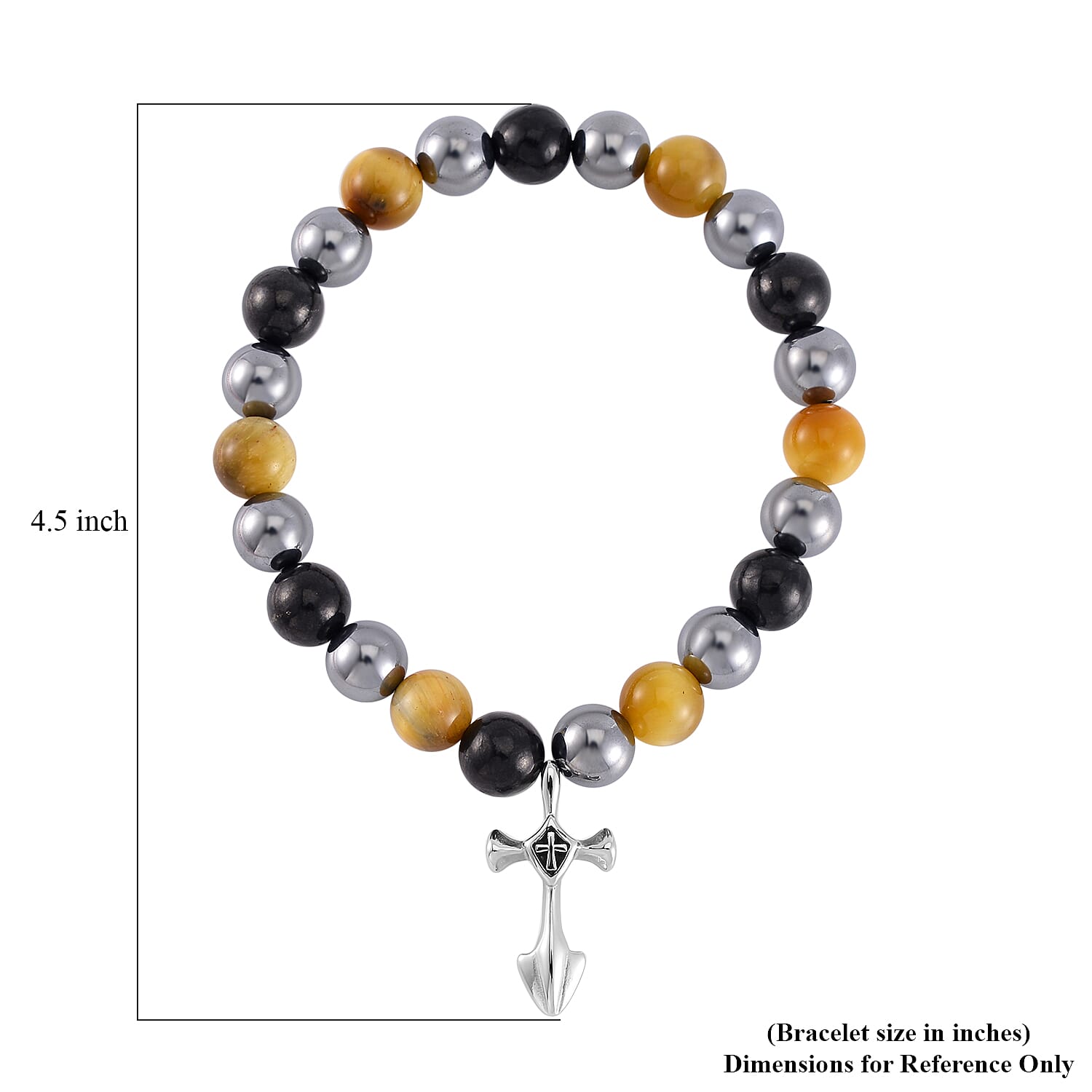 Terahertz, Tigers Eye and Shungite Beaded Stretch Bracelet with Cross Charm in Stainless Steel 137.00 ctw