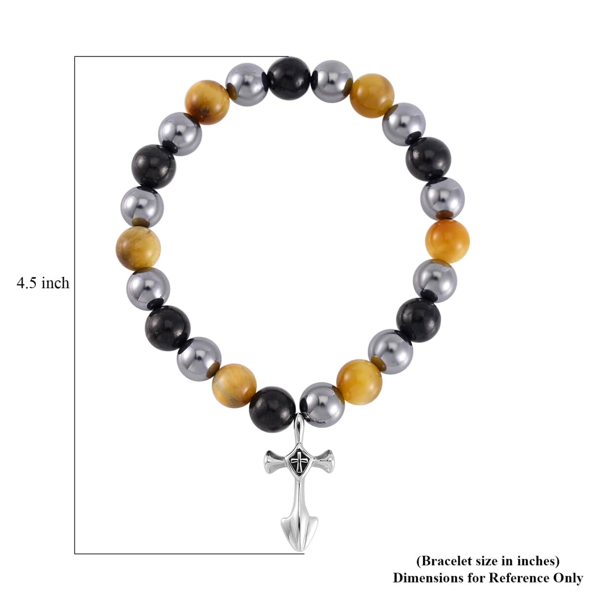 Terahertz, Tigers Eye and Shungite Beaded Stretch Bracelet with Cross Charm in Stainless Steel 137.00 ctw image number 4