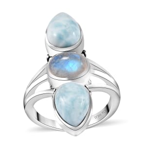 Artisan Crafted Larimar and Rainbow Moonstone Ring in Sterling Silver (Size 10.0) 6.10 ctw