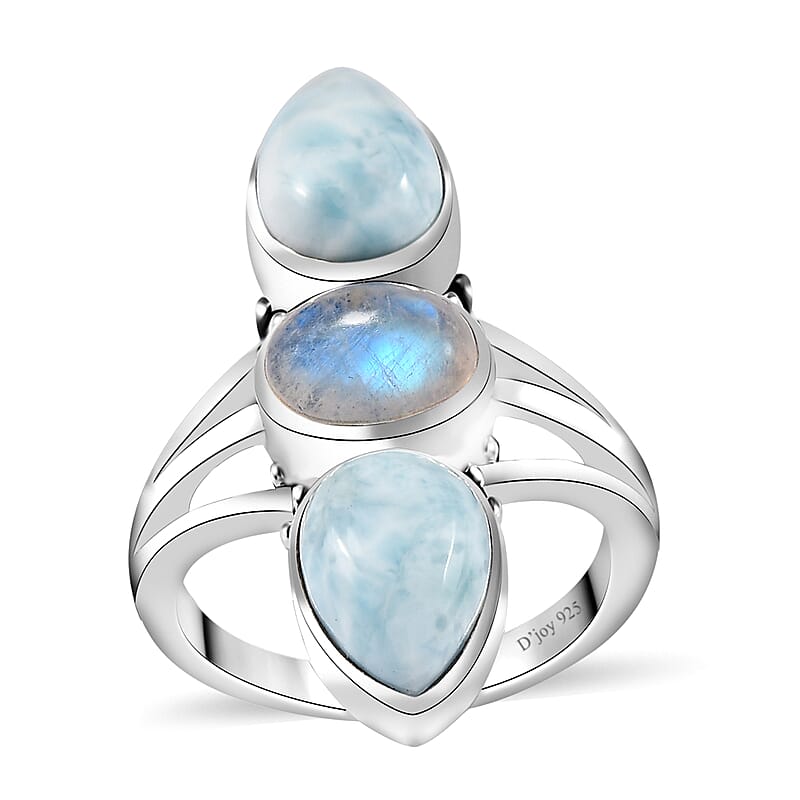 Artisan Crafted Larimar and Rainbow Moonstone Ring in Sterling Silver (Size 10.0) 6.10 ctw