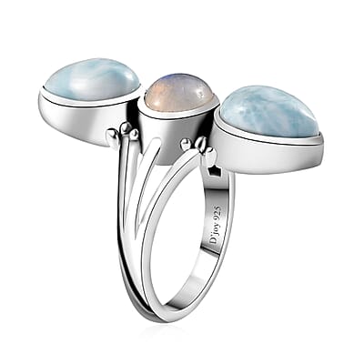 Artisan Crafted Larimar and Rainbow Moonstone Ring in Sterling Silver (Size 10.0) 6.10 ctw