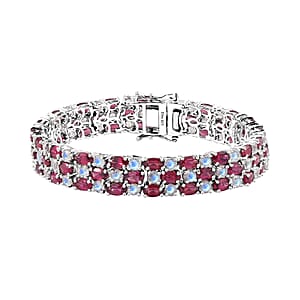 Tanzanian Wine Garnet and Rainbow Moonstone 3 Row Bracelet in Rhodium Over Sterling Silver (6.50 In) 22.90 ctw