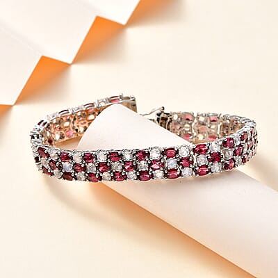 Tanzanian Wine Garnet and Rainbow Moonstone 3 Row Bracelet in Rhodium Over Sterling Silver (6.50 In) 22.90 ctw