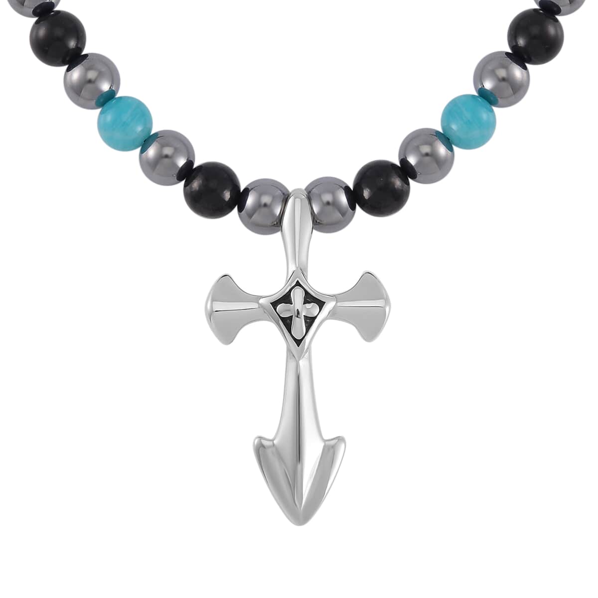 Terahertz, Amazonite and Shungite Beaded Men's Necklace (24 Inches) in Sterling Silver with Stainless Steel Cross Charm 375.00 ctw image number 0