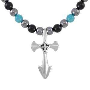 Terahertz, Amazonite and Shungite Beaded Men's Necklace (24 Inches) in Sterling Silver with Stainless Steel Cross Charm 375.00 ctw