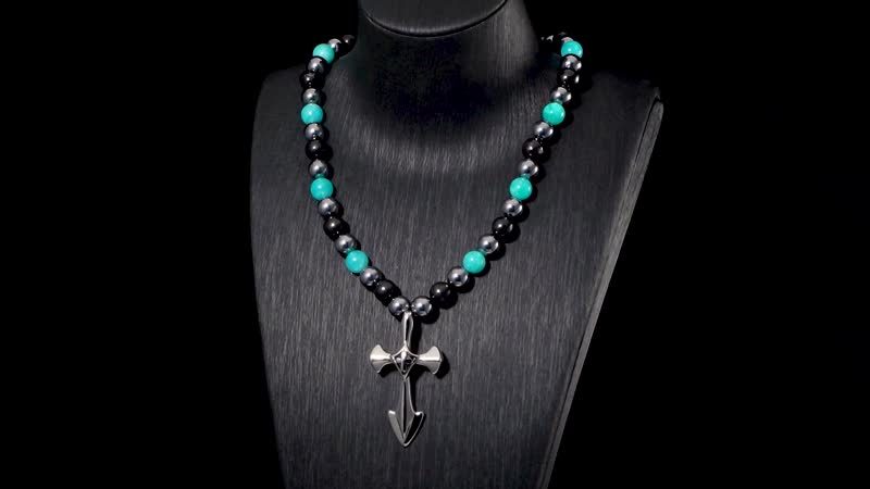 Terahertz, Amazonite and Shungite Beaded Men's Necklace (24 Inches) in Sterling Silver with Stainless Steel Cross Charm 375.00 ctw