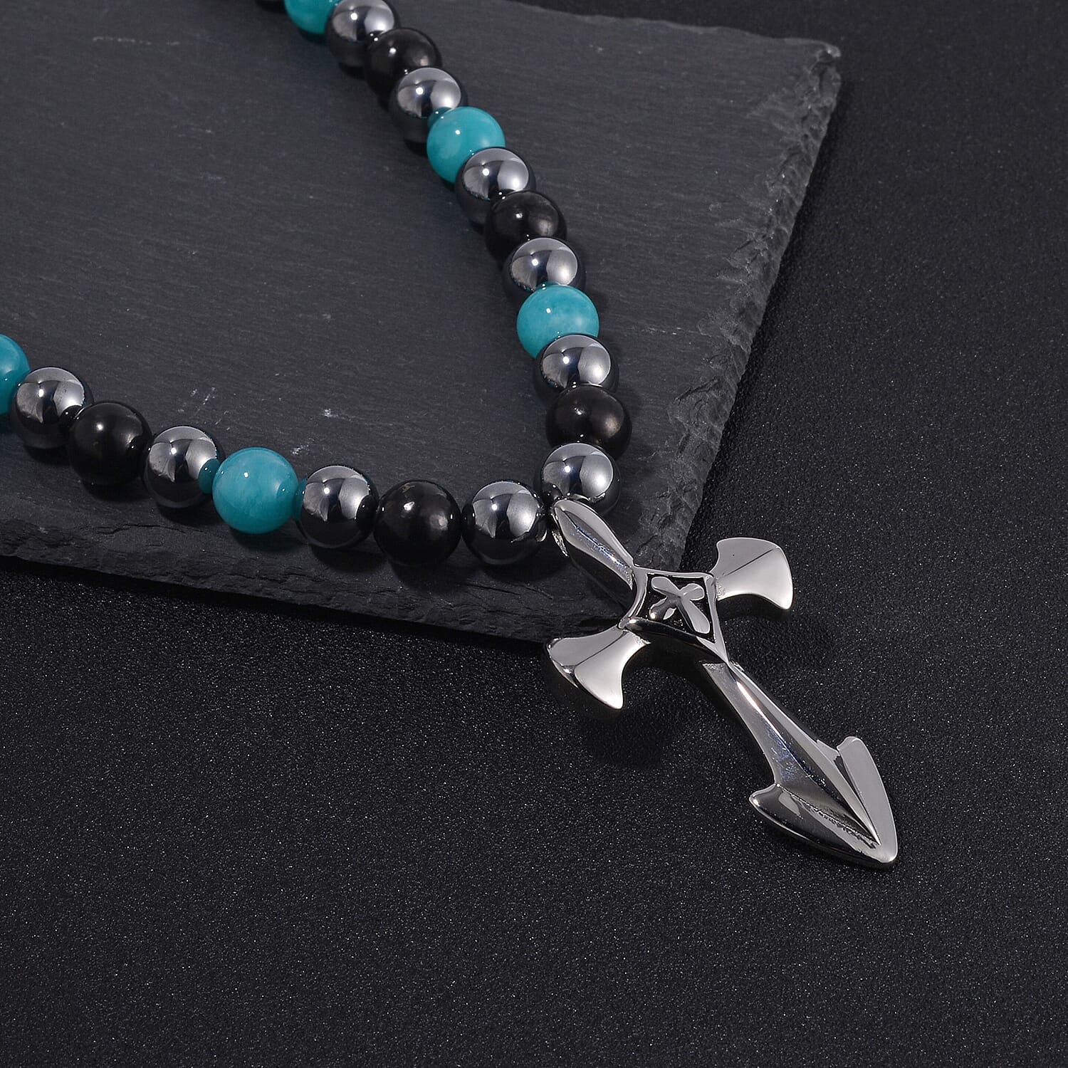 Terahertz, Amazonite and Shungite Beaded Men's Necklace (24 Inches) in Sterling Silver with Stainless Steel Cross Charm 375.00 ctw