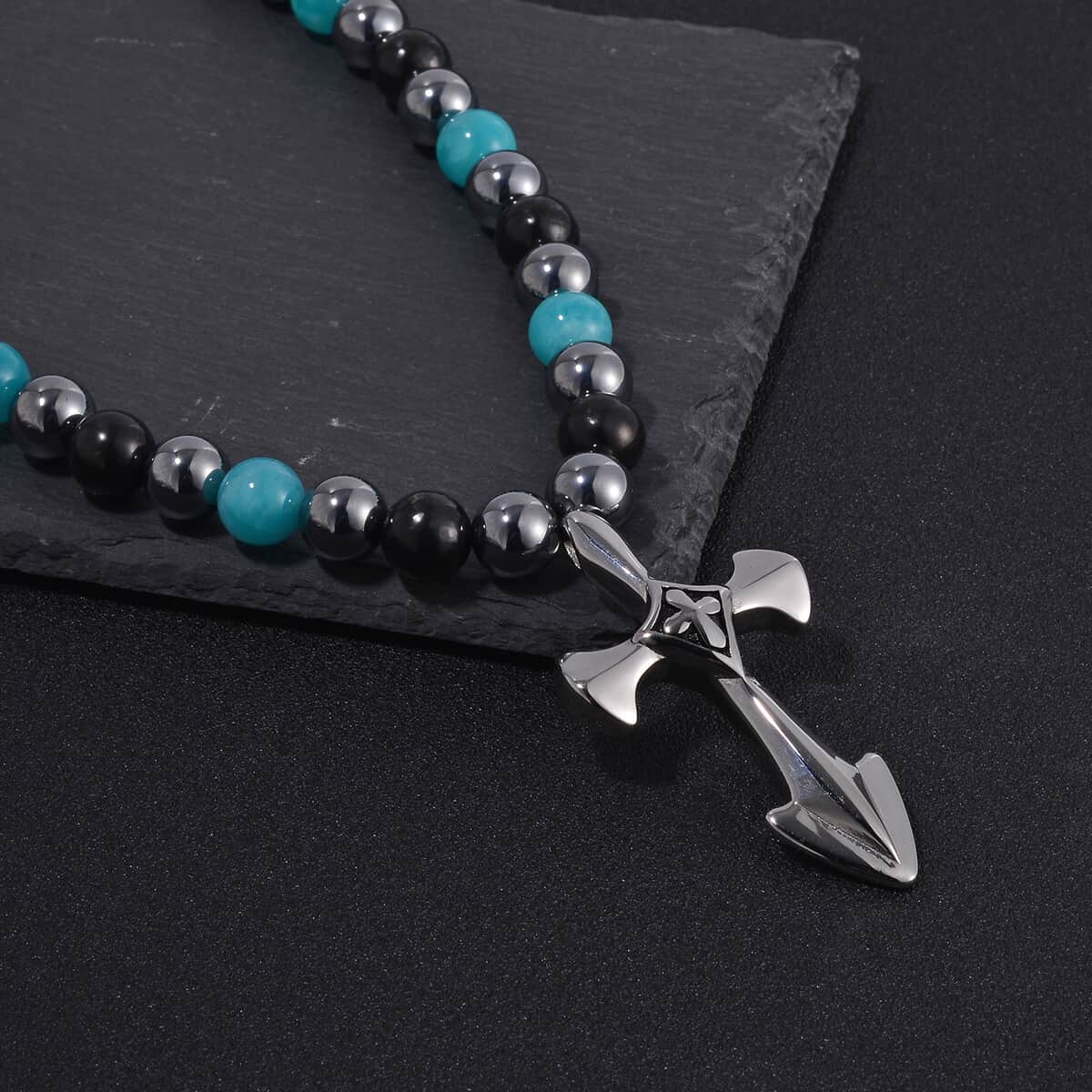 Terahertz, Amazonite and Shungite Beaded Men's Necklace (24 Inches) in Sterling Silver with Stainless Steel Cross Charm 375.00 ctw image number 1