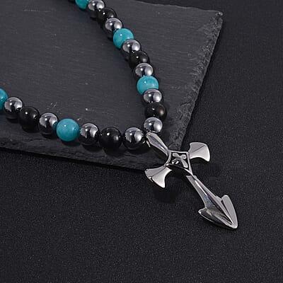 Terahertz, Amazonite and Shungite Beaded Men's Necklace (24 Inches) in Sterling Silver with Stainless Steel Cross Charm 375.00 ctw