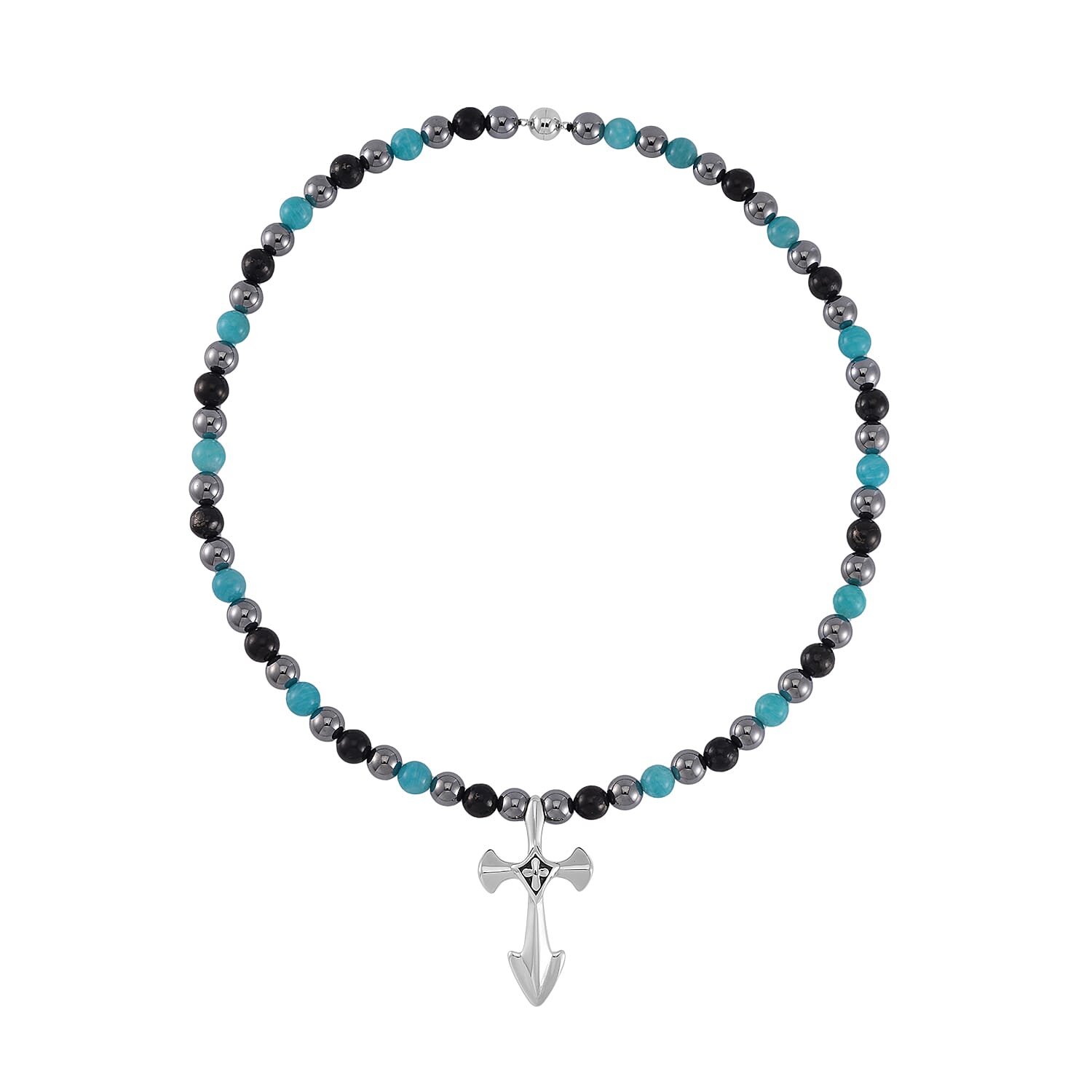 Terahertz, Amazonite and Shungite Beaded Men's Necklace (24 Inches) in Sterling Silver with Stainless Steel Cross Charm 375.00 ctw