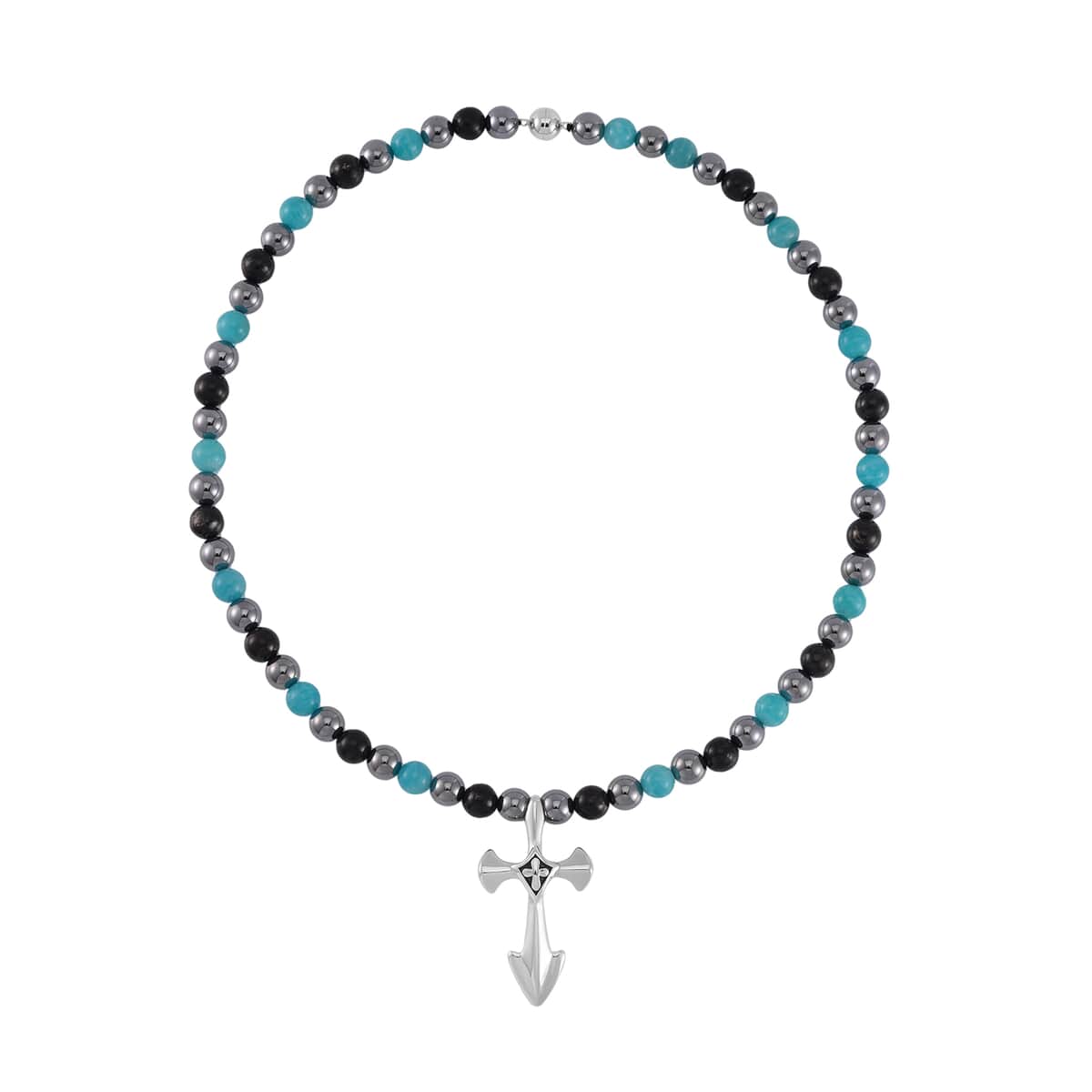 Terahertz, Amazonite and Shungite Beaded Men's Necklace (24 Inches) in Sterling Silver with Stainless Steel Cross Charm 375.00 ctw image number 2