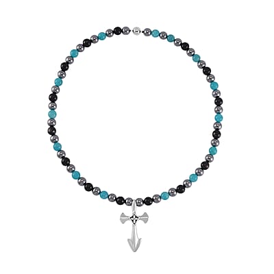 Terahertz, Amazonite and Shungite Beaded Men's Necklace (24 Inches) in Sterling Silver with Stainless Steel Cross Charm 375.00 ctw