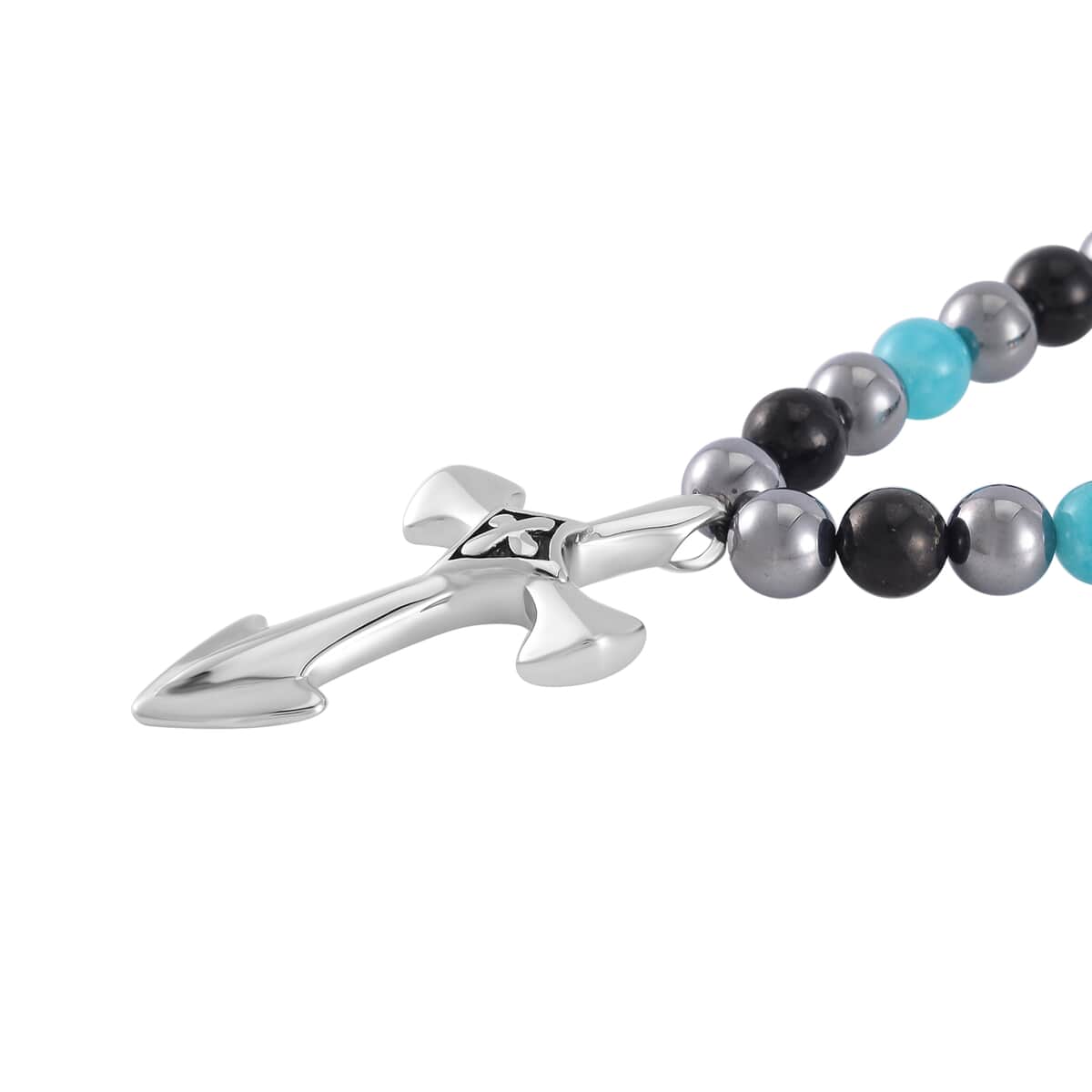 Terahertz, Amazonite and Shungite Beaded Men's Necklace (24 Inches) in Sterling Silver with Stainless Steel Cross Charm 375.00 ctw image number 3