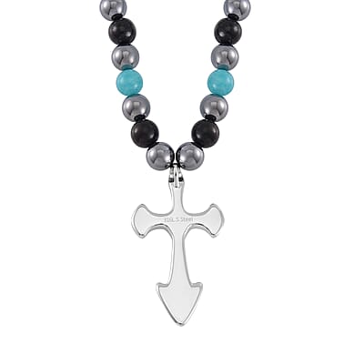 Terahertz, Amazonite and Shungite Beaded Men's Necklace (24 Inches) in Sterling Silver with Stainless Steel Cross Charm 375.00 ctw