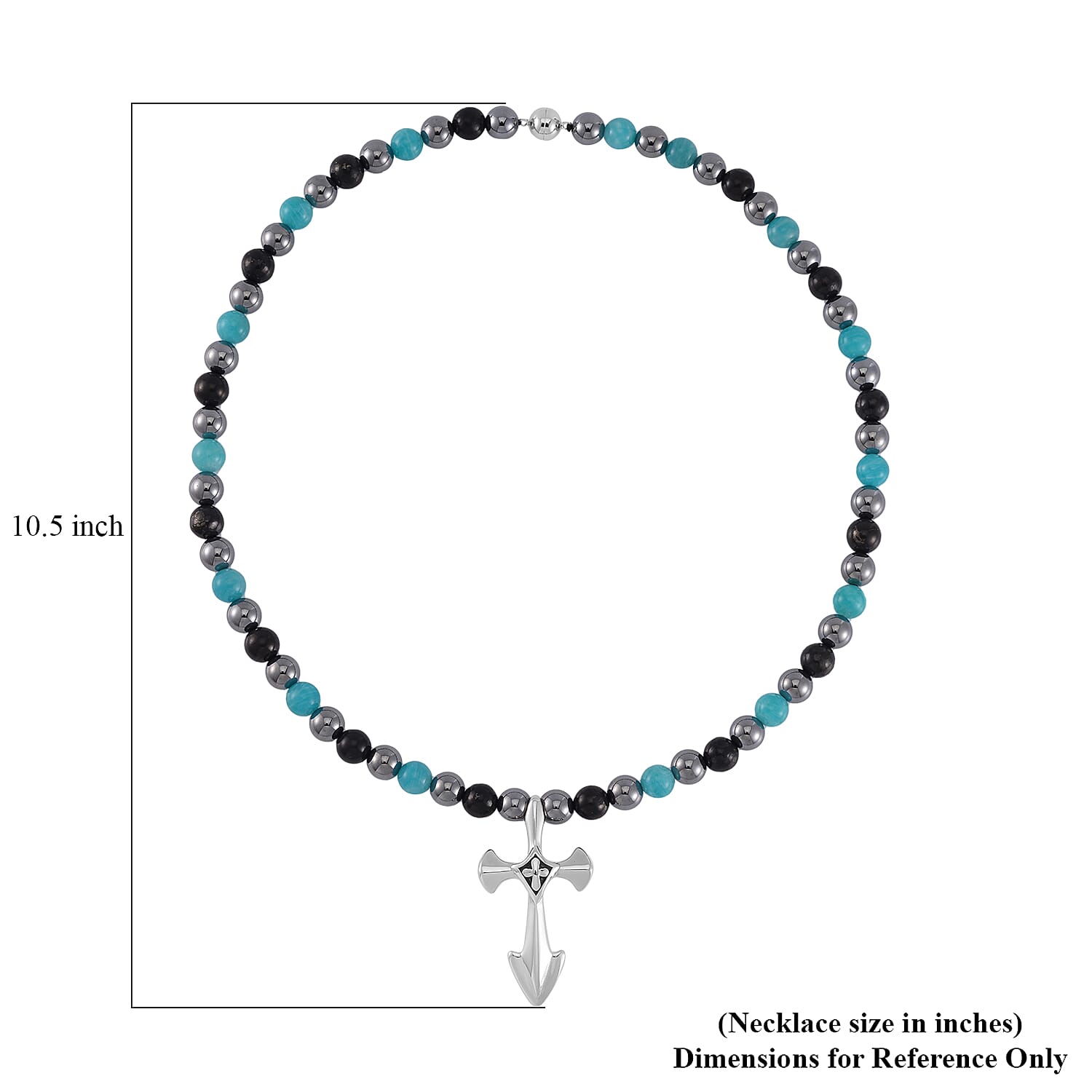 Terahertz, Amazonite and Shungite Beaded Men's Necklace (24 Inches) in Sterling Silver with Stainless Steel Cross Charm 375.00 ctw