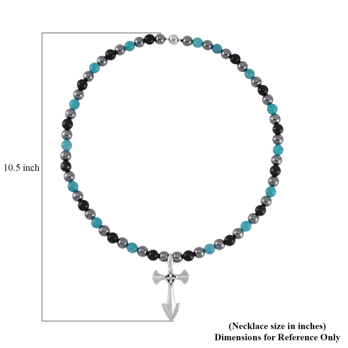 Terahertz, Amazonite and Shungite Beaded Men's Necklace (24 Inches) in Sterling Silver with Stainless Steel Cross Charm 375.00 ctw image number 6