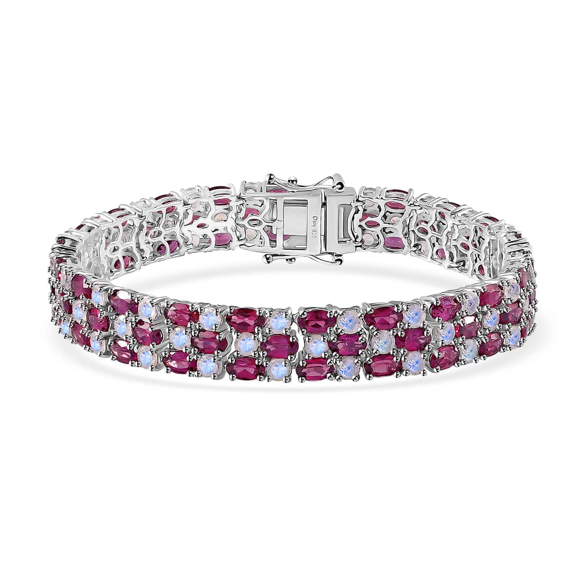 Tanzanian Wine Garnet and Rainbow Moonstone 3 Row Bracelet in Rhodium Over Sterling Silver (7.25 In) 25.35 ctw image number 0